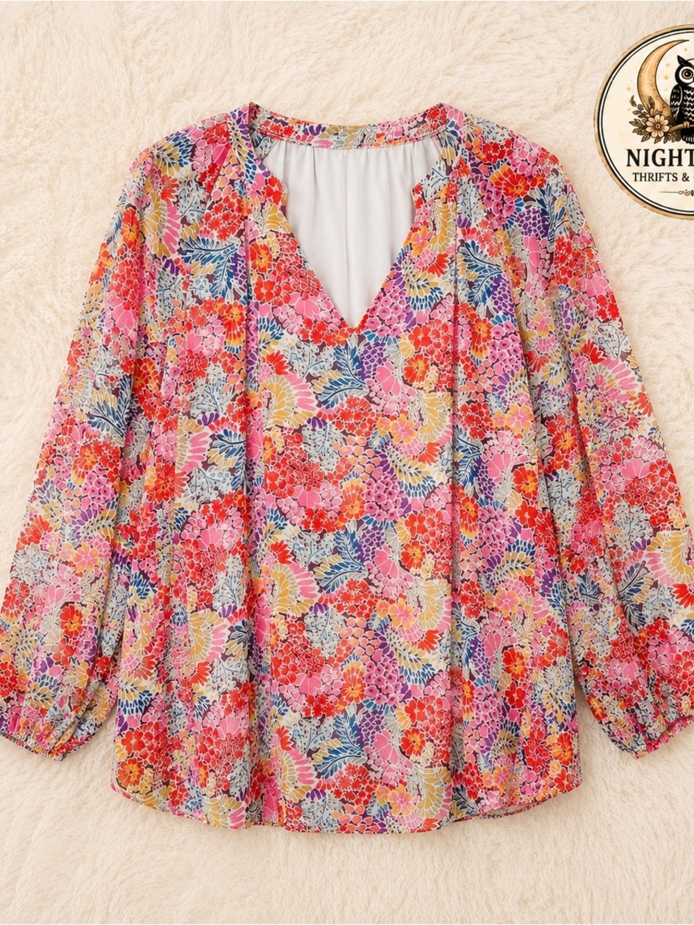 Floral V-Neck Long Sleeve Boho Blouse XL ~ Cottage Grandmacore ~ Loose Fit Tops